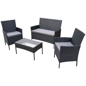 Schwarze SVITA BROOKLYN Gartenlounge, 4-teiliges Gartenmöbel Set aus Polyrattan mit Tisch und grauen Kissen.