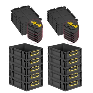 PROREGAL SuperSparSet: 10 schwarze Euroboxen mit gelben Griffen und Scharnierdeckel. Aufbewahrungsboxen gestapelt.