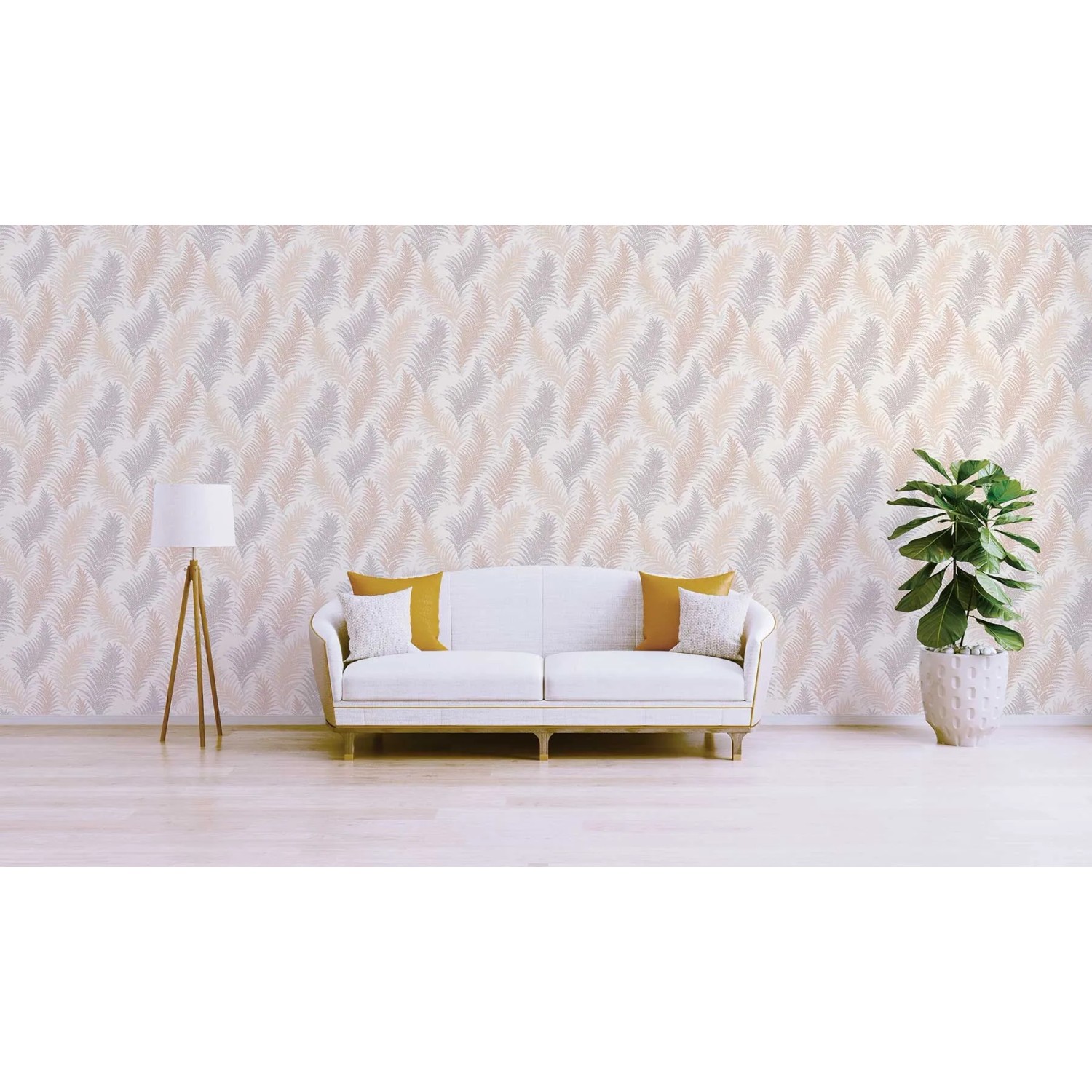 Wohnraum mit Tadessi Tapete Dschungel Ginevra in Beige, Creme und Natur Tönen.
