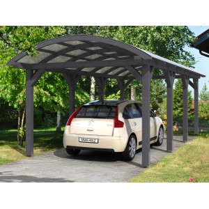 Skan Holz Carport Franken, schiefergrau, mit Auto. Bogendach-Carport aus Holz mit Doppelstegplatten.