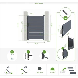 Casanoov Gartentür Vogel 1M, H 140cm mit Maßen und Details zur Montage.