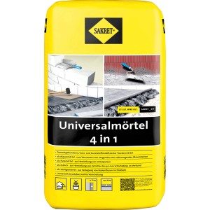 Gelber Sack Sakret Universalmörtel 4 in 1 für Mauer-, Putz-, Estrich- und Verlegearbeiten.