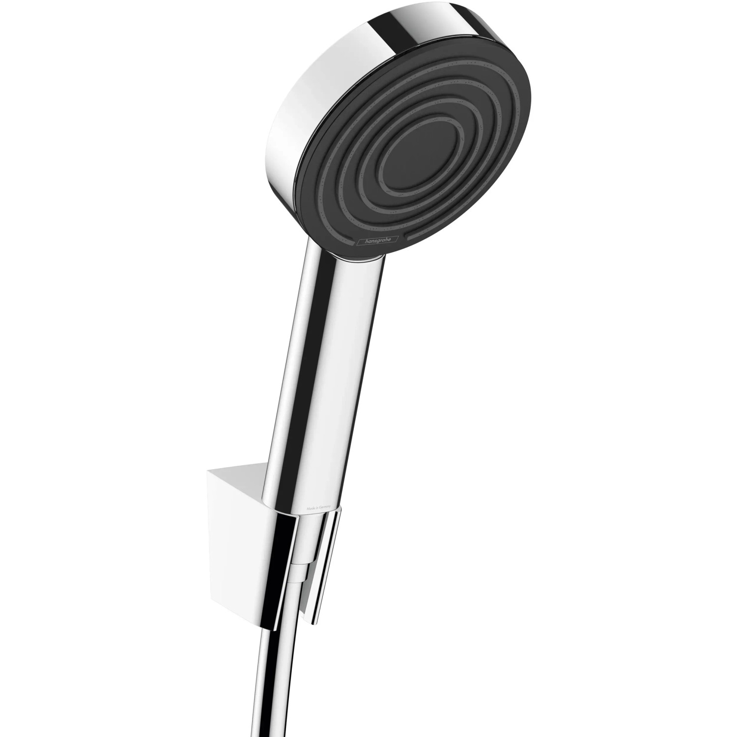 Hansgrohe Pulsify S Brausehalterset mit Chrom-Handbrause und Schlauch.