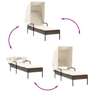 Braune Poly Rattan Sonnenliegen 2er Set mit Dach und Tisch, verstellbar für Garten oder Terrasse.