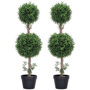 Zwei künstliche Buchsbaum-Topiary-Bäume, 91,6 cm hoch, mit zwei grünen Kugeln in schwarzen Töpfen. Für Haus & Garten.