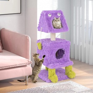 Lila Monster-Katzenbaum mit zwei Höhlen, Sisal-Kratzstamm und Spielzeug. Eine Katze sitzt oben, eine spielt unten.