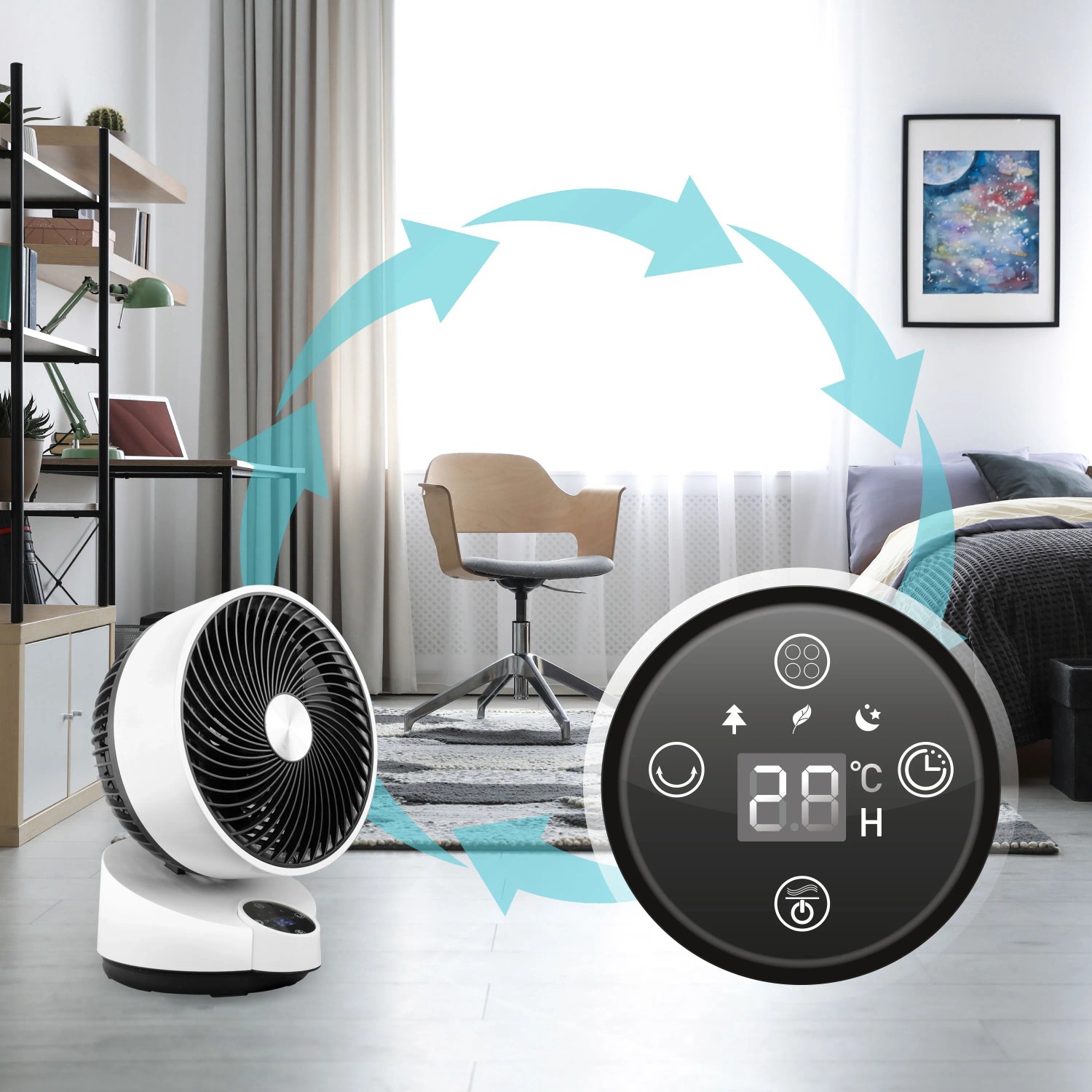 Weißer Vornado Tischventilator Pinguin DX im Wohnraum mit Touch-Steuerung und Temperaturanzeige.