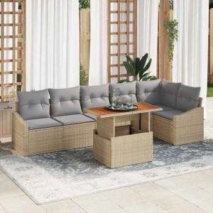 Beige-graue 7-tlg. vidaXL Garten Essgruppe mit Kissen aus Polyrattan, Stahl und Akazienholz.