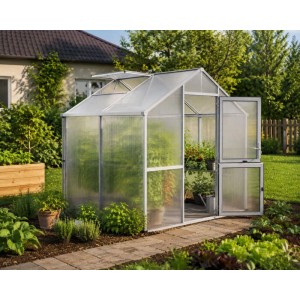 KGT Gewächshaus Alu blank 5,06 m² im Garten. Rechteckiges Gewächshaus mit offenen Türen, Dachfenster und Pflanzen.