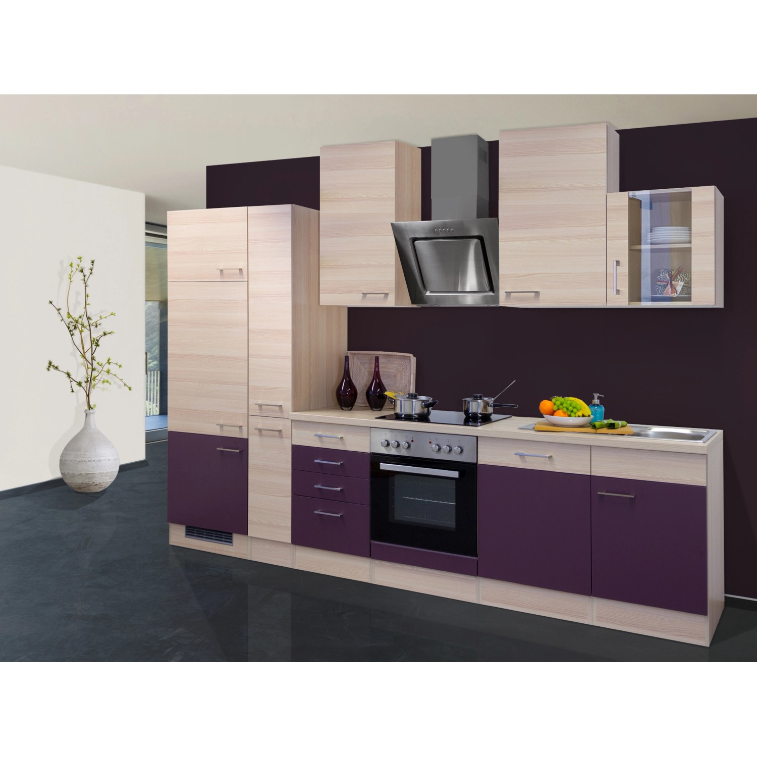 Flex-Well Exclusiv Küchenzeile/Küchenblock Focus 310 cm Akazie - Aubergine