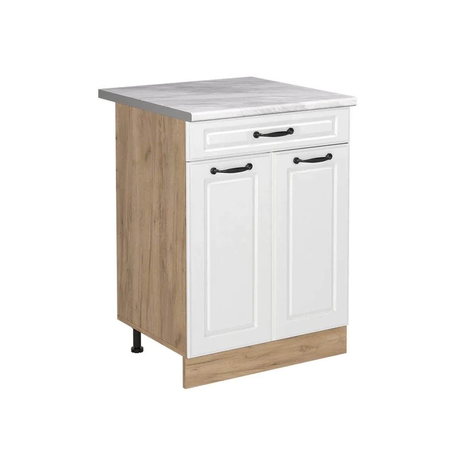 Vicco Küchenunterschrank R-Line Weiß Landhaus/Goldkraft Eiche 60 x 82 mit Schublade Arbeitsplatte Marmor Art Nr 61233