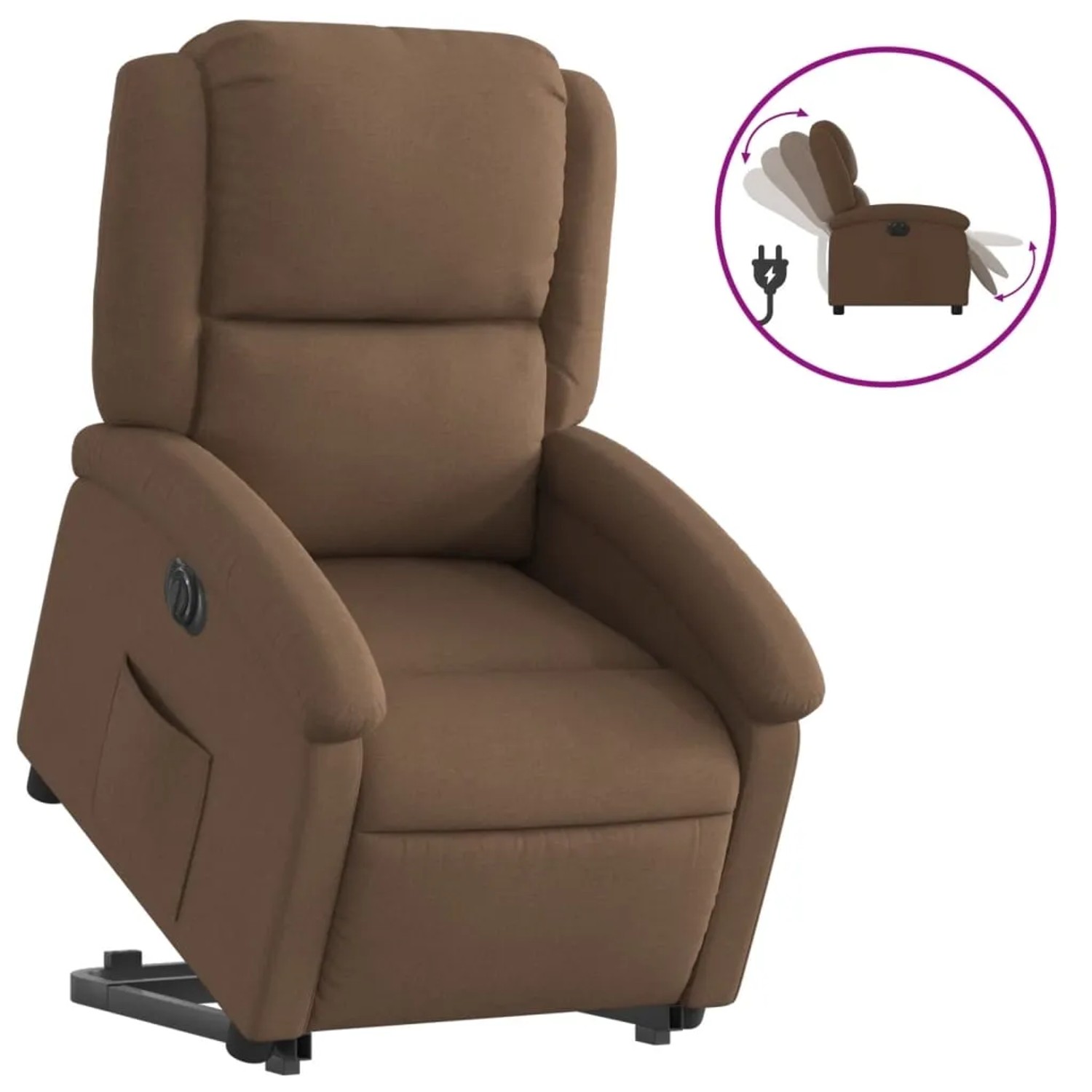 Brauner elektrischer Relaxsessel mit Aufstehhilfe und Stoffbezug. Komfortabler TV-Sessel für Senioren.
