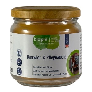Biopin Renovier- und Pflegewachs Weiß 375ml im Glas. Holz-Wachs für Möbel und Böden.
