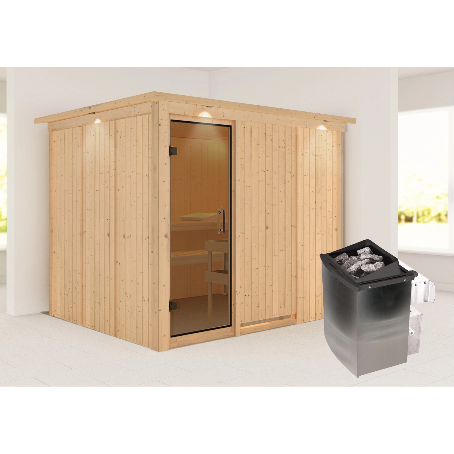 Karibu Sauna Gunda mit Ofen intergrierte Stg.LED-Dachkranz Gr Natur