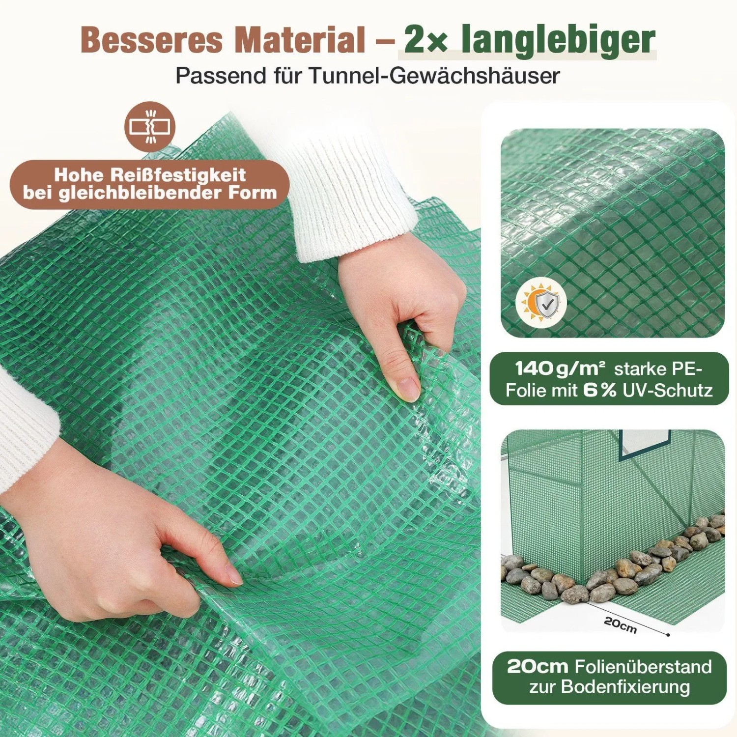 Grüne PE Gitterfolie für Foliengewächshaus, 140g/m² mit UV-Schutz. Robustes Material, 20cm Bodenfixierung.