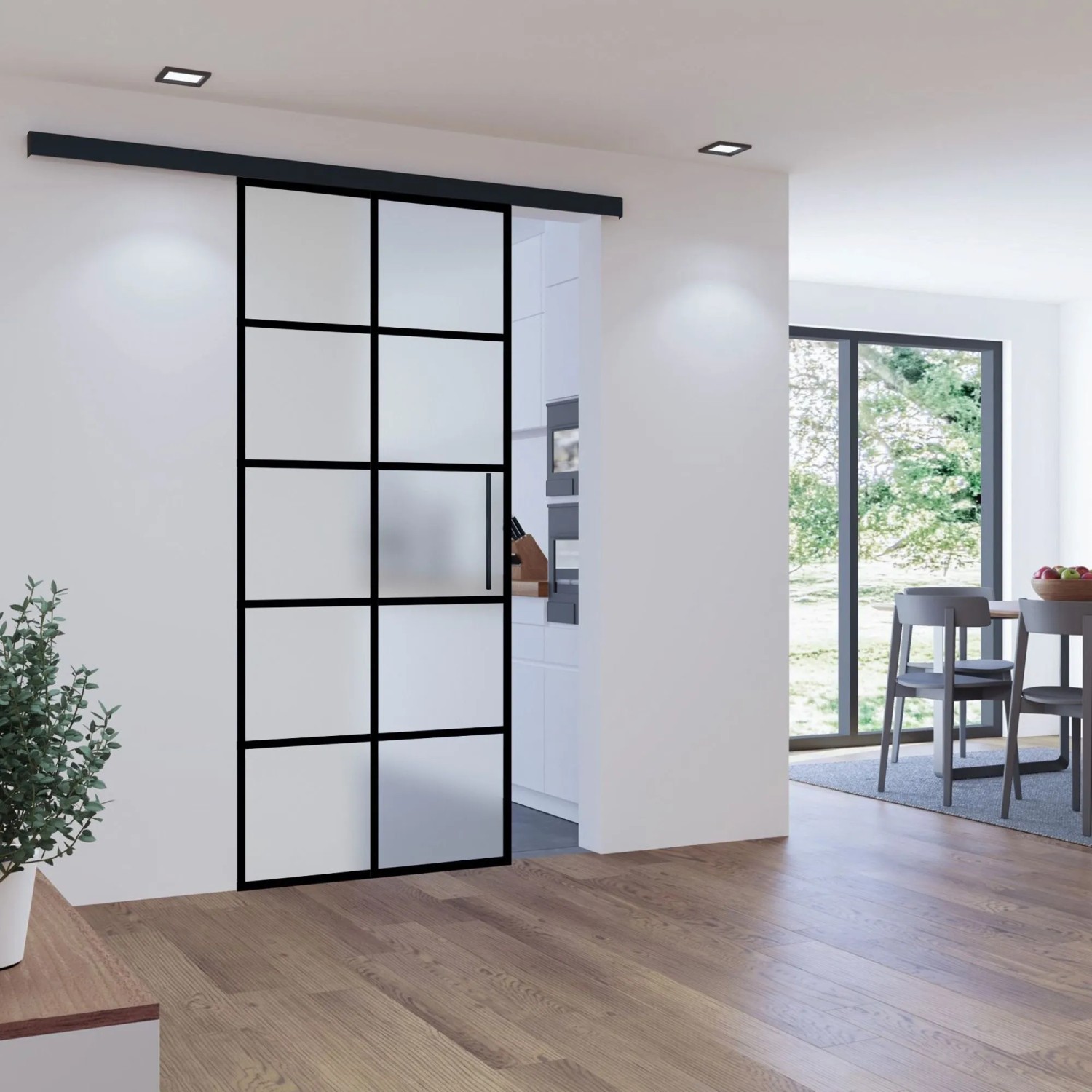 inova Glasschiebetür Satiniert 10 Felder 1025 x 2200 mm Komplettset in Schwarz mit Stabgriff