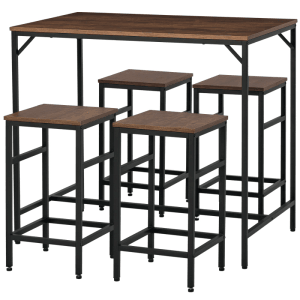 HOMCOM Bartisch-Set 5-teilig: rustikal-brauner Tisch und vier schwarze Stahl-Barhocker im Industrial-Stil, platzsparend.