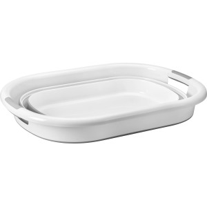 Grauer, faltbarer Wäschekorb mit 40 l Fassungsvermögen im zusammengefalteten Zustand.