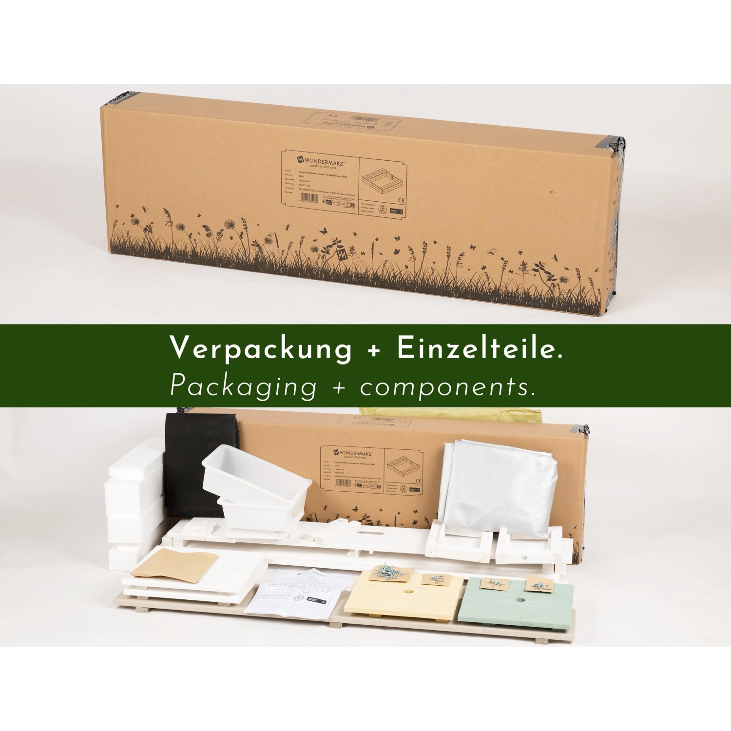 WONDERMAKE Sandkasten arena2: Verpackung und Einzelteile des Holzsandkastens mit Matschküche.