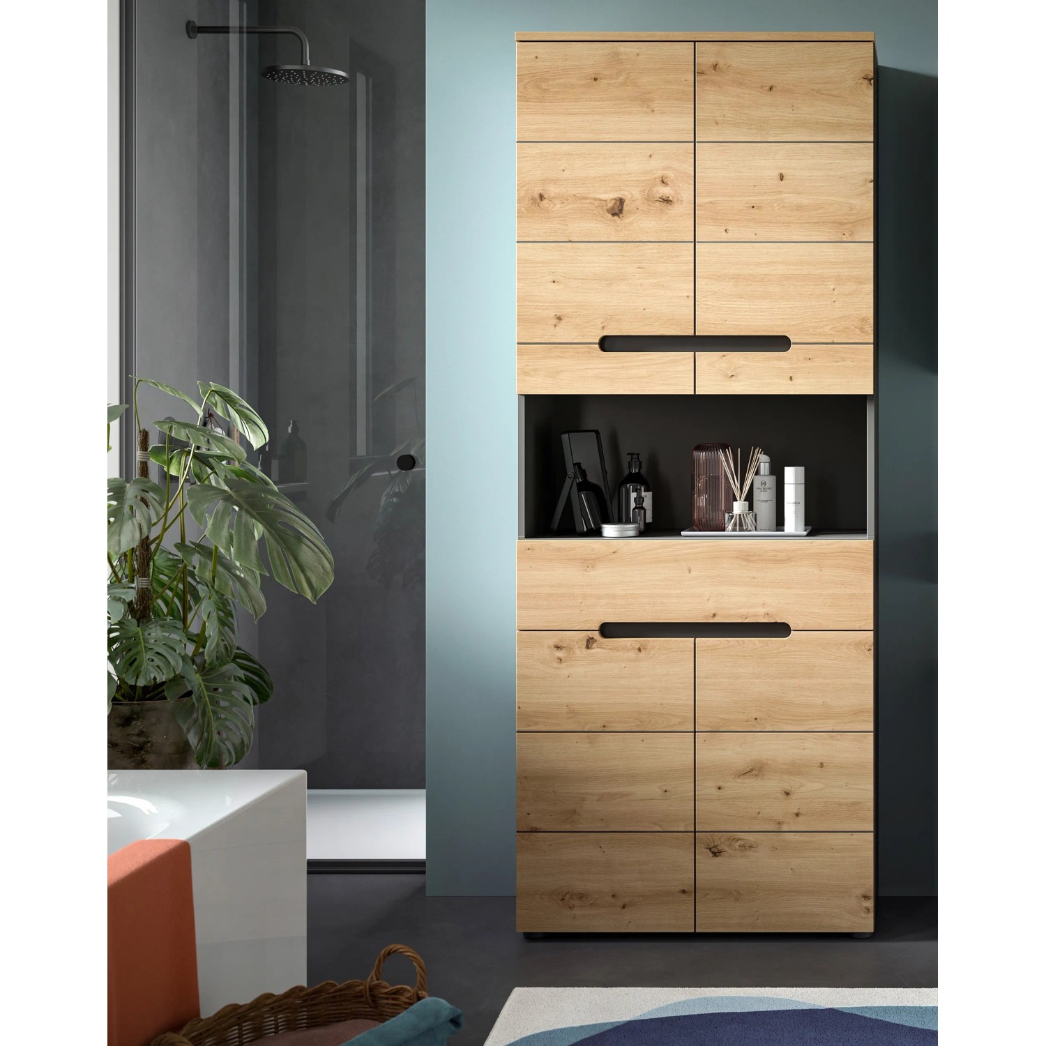 Hochschrank Canu in Artisan/Grau (193x76x34cm) für Bad & Hauswirtschaftsraum.