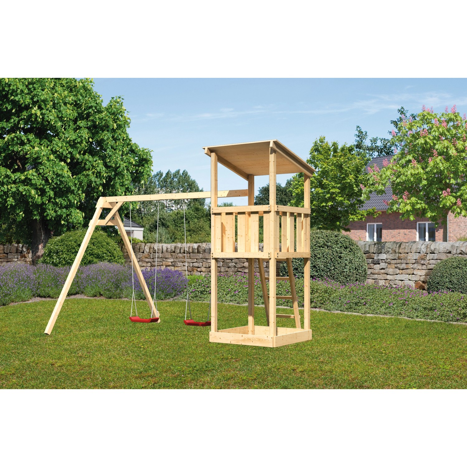 Karibu Spielturm Pultdach Set Doppelschaukelanbau günstig online kaufen