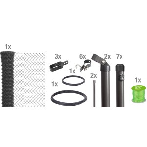 Maschendrahtzaun-Set, 15m, anthrazit-metallic, zum Einbetonieren, mit Zaunpfosten, Draht, Spanner und Zubehör.