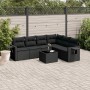 Schwarze 7-tlg. vidaXL Garten-Sofagarnitur aus Poly Rattan mit Kissen.