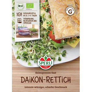 Sperli Bio Keimsprossen Daikon-Rettich Saat: Packung mit Sprossen und Sandwich als Serviervorschlag.