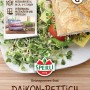 Sperli Bio Keimsprossen Daikon-Rettich Saat: Packung mit Sprossen und Sandwich als Serviervorschlag.
