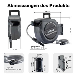 Wiltec Xpotool Schlauchbox mit Aufroll-Automatik: Technische Zeichnung zeigt Maße der 20m Gartenschlauchtrommel.