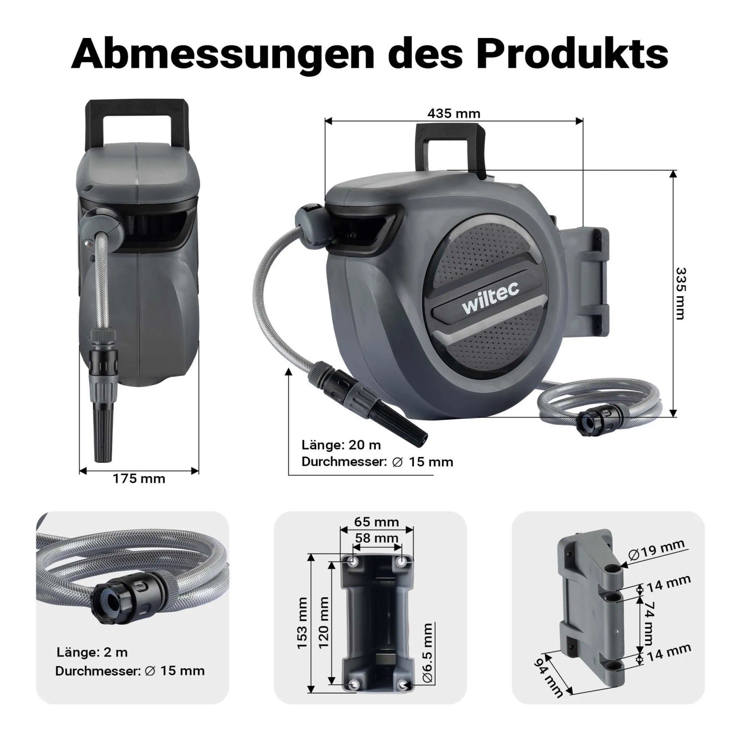 Wiltec Xpotool Schlauchbox mit Aufroll-Automatik: Technische Zeichnung zeigt Maße der 20m Gartenschlauchtrommel.