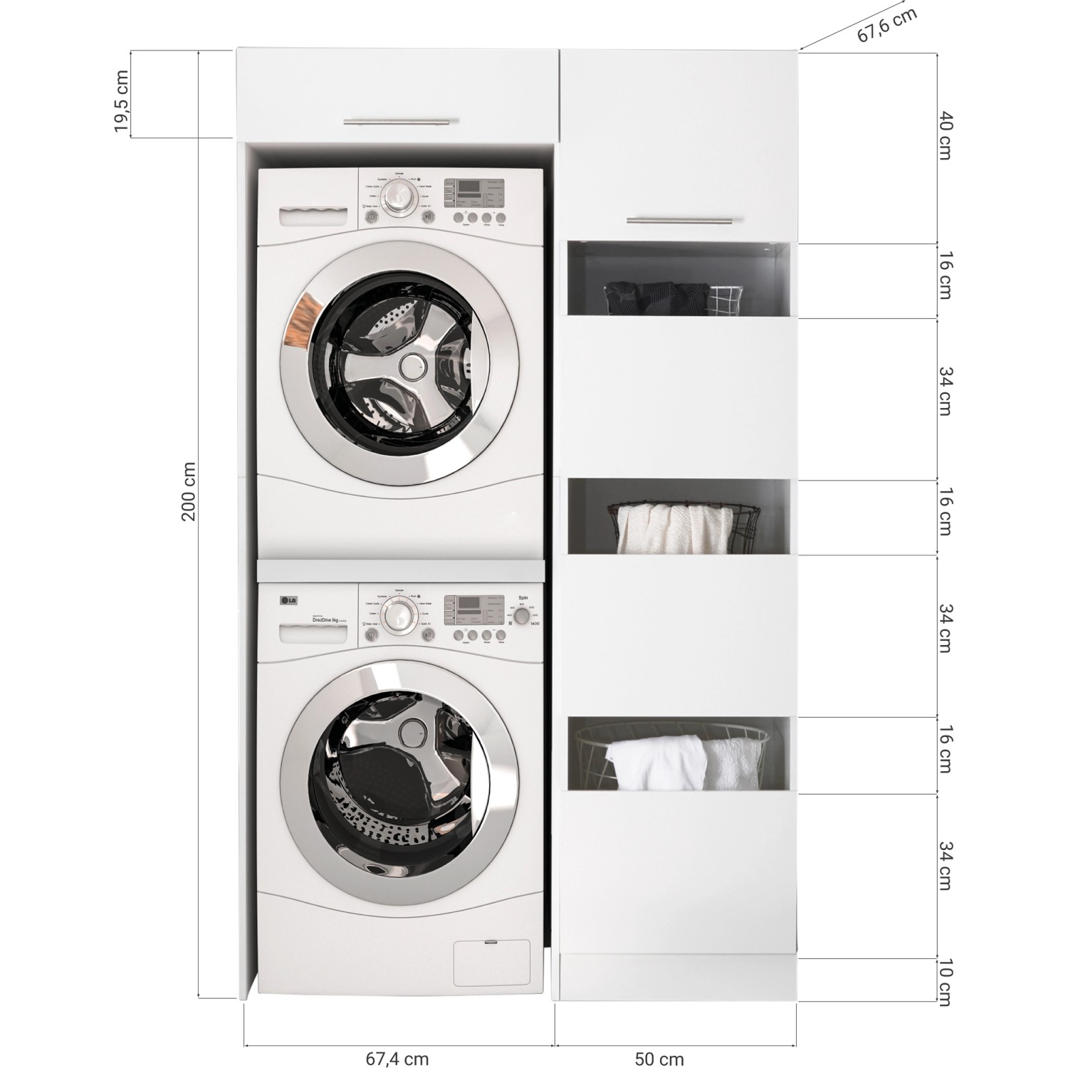 Respekta Hauswirtschaftsraum Set Clara, 200cm, Weiß Matt, mit Waschmaschinenschrank und Wäscheschrank.