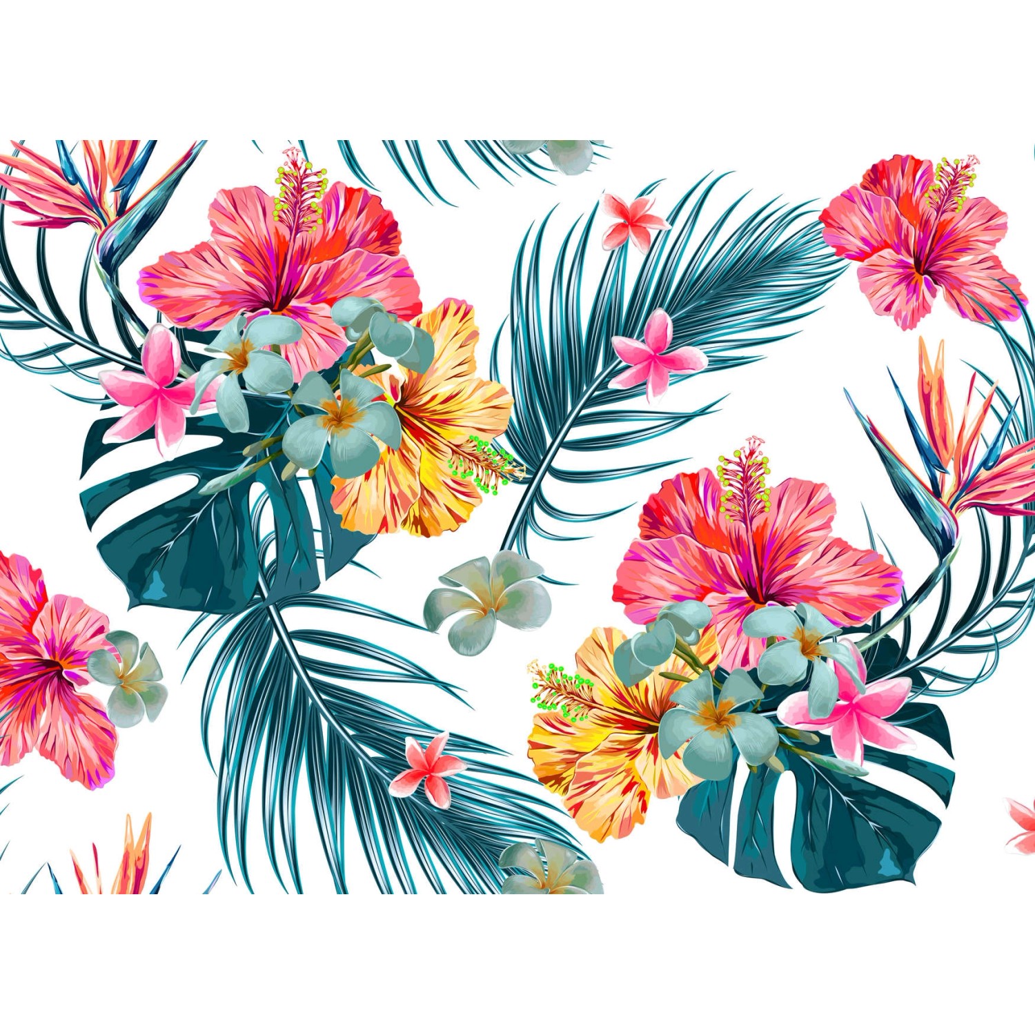 Fototapete Palmen Blumen Bunt Weiß Blau Rosa 3,50 m x 2,55 m FSC®