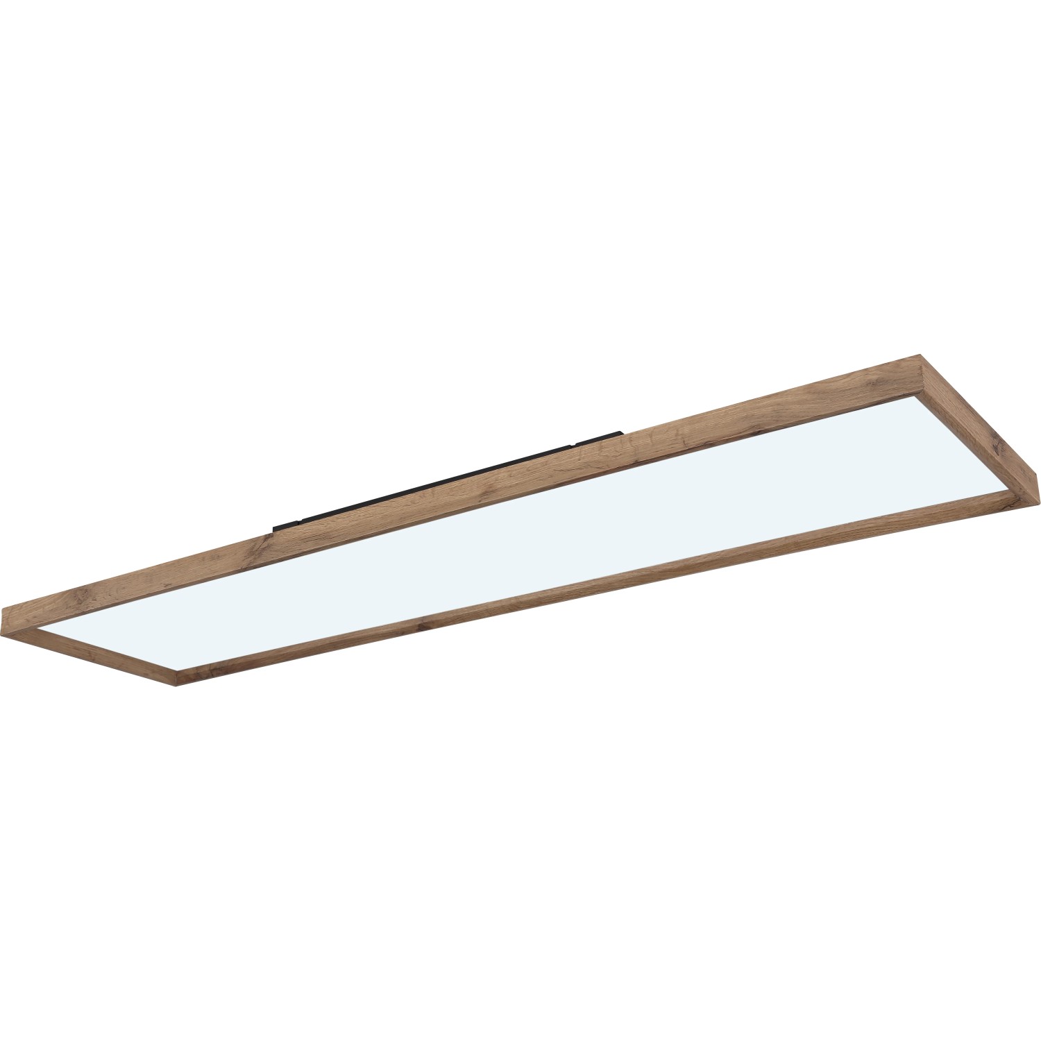 Rechteckige LED-Deckenleuchte Cinderella in Weiß matt mit Holzoptik-Rahmen.
