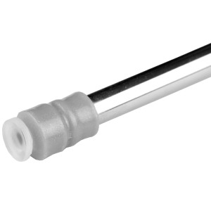 Detailaufnahme einer silbernen Bestlivings Klemmstange (60-90cm) mit Schraubtechnik und transparentem Gummipuffer.