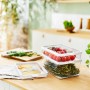 Rotho Cauma Kühlschrank-Organizer Set, 3-teilig, transparent, mit Tomaten, Kräutern und Käse gefüllt.