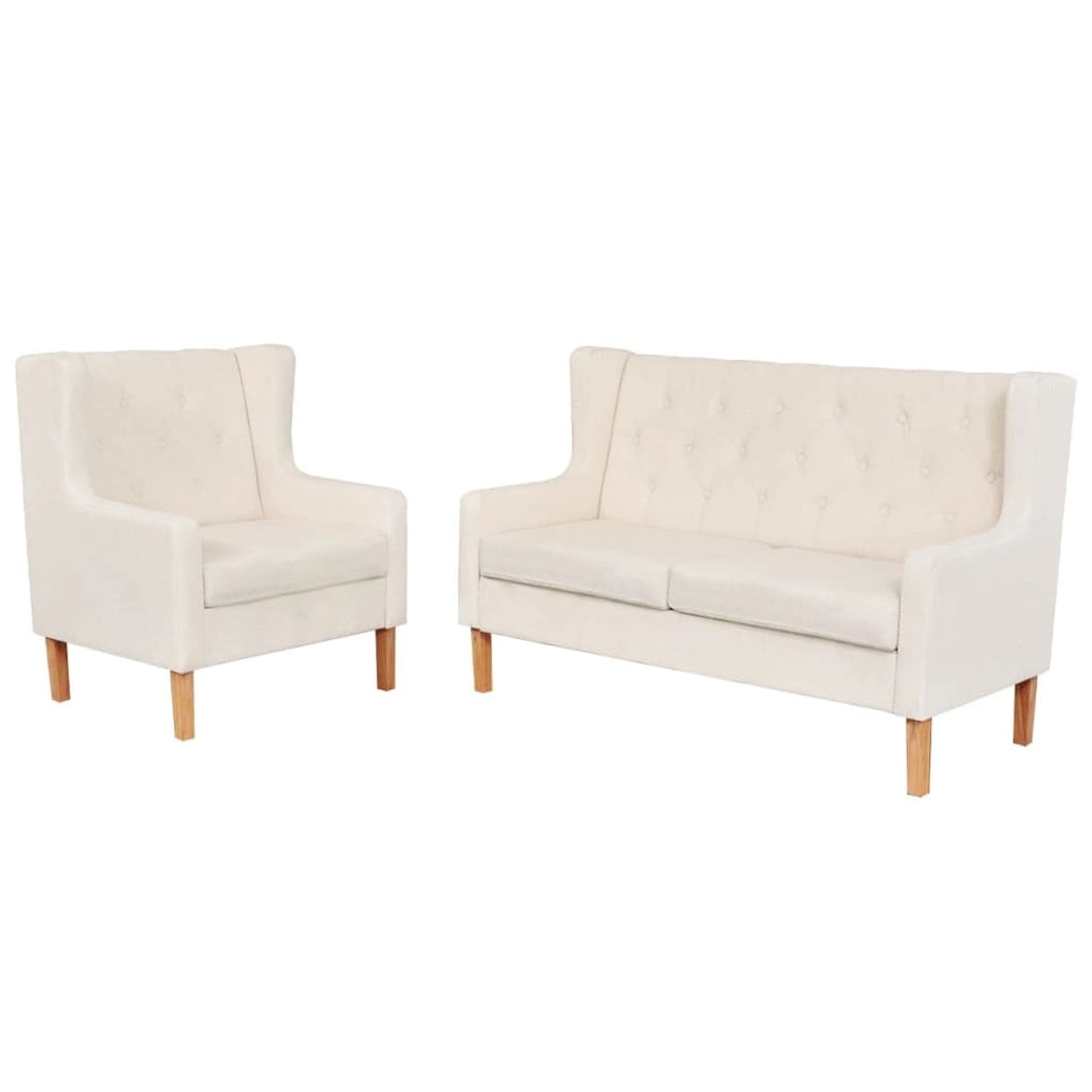 Cremeweißes 2-tlg. Sofa-Set: Sessel und 2-Sitzer-Sofa im skandinavischen Design.