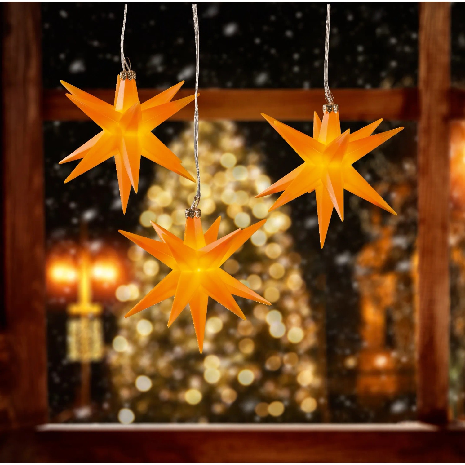 Gelbe LED-Sternenhänger (3 Stk.) für Außen, je Ø 12 cm, Weihnachtsdeko.