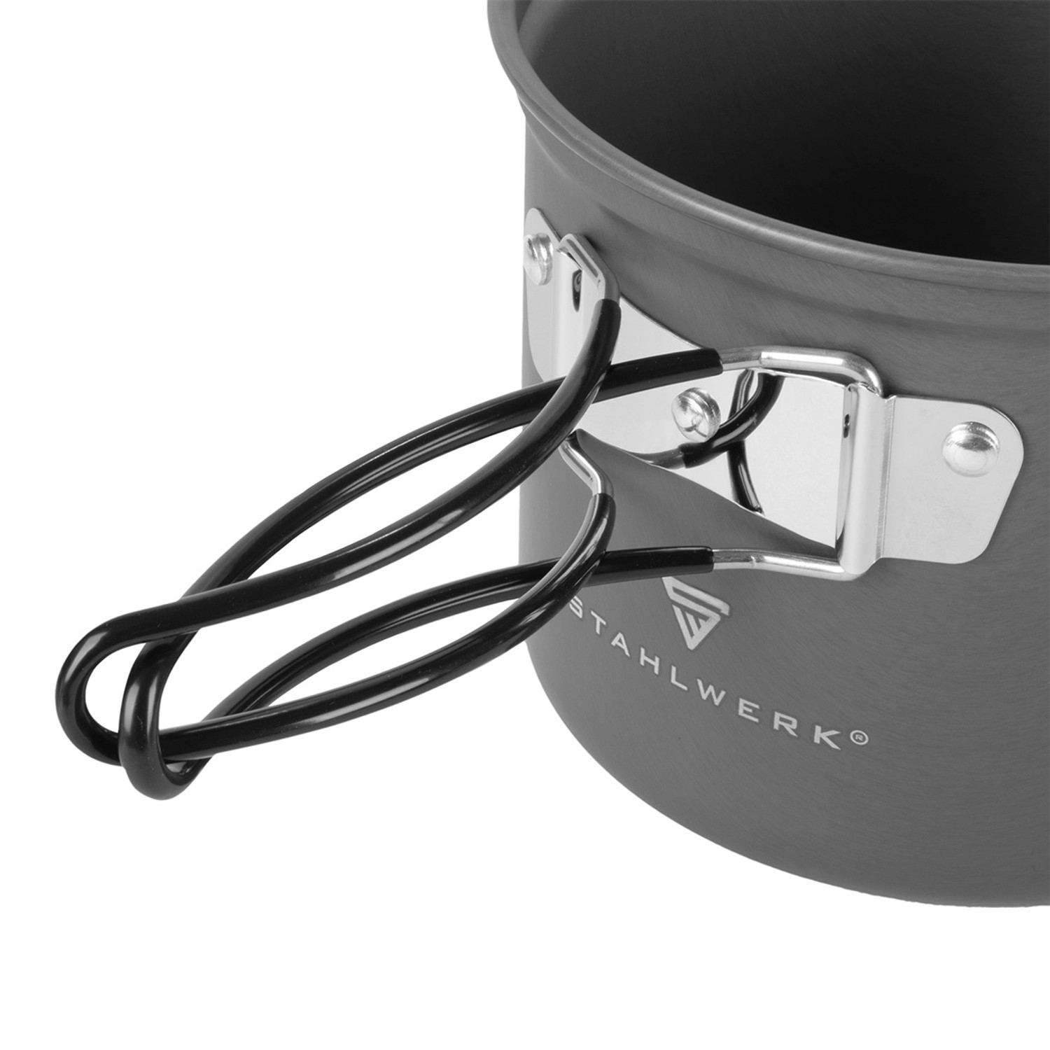Detailaufnahme: STAHLWERK Camping Kochgeschirr Topf mit Griff, Teil des Outdoor Sets.