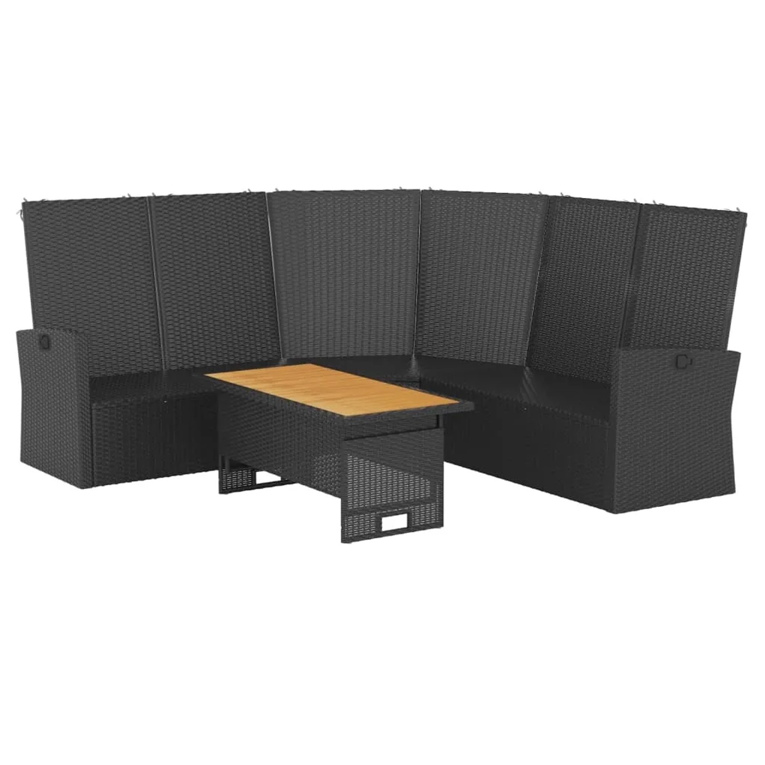 Schwarzes 2-tlg. Garten Lounge Set aus Poly Rattan mit Akazienholztisch und Kissen.