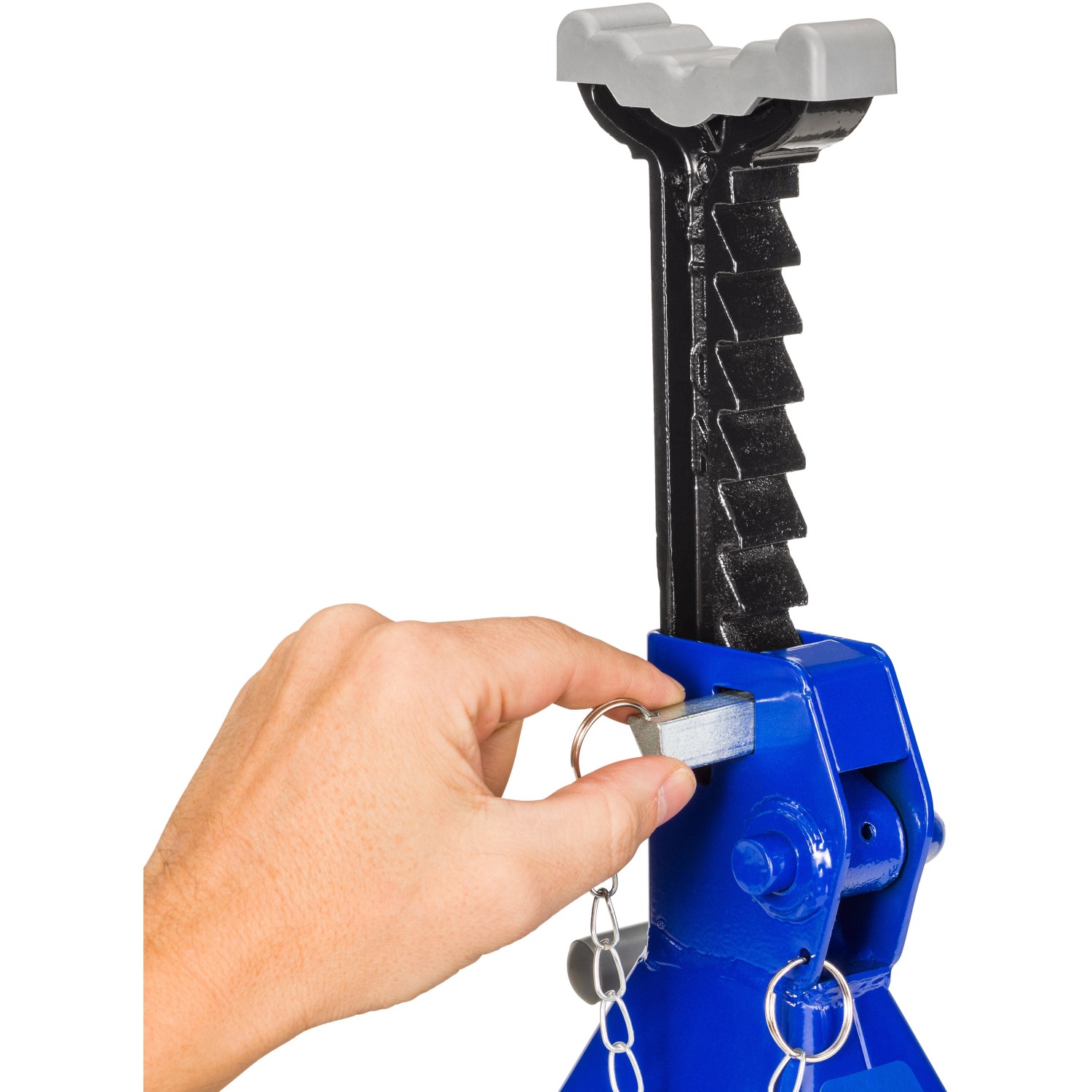 Michelin Unterstellbock (2.000 kg) in blauer Ausführung mit 9-stufiger Höhenverstellung wird von einer Hand bedient.