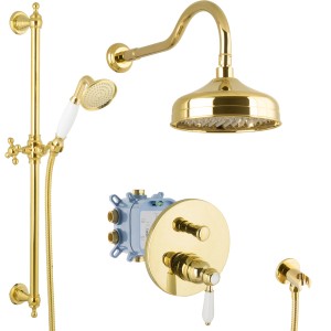 Goldenes PaulGurkes Regendusche Set Unterputz mit Kopf-, Handbrause und Thermostat.