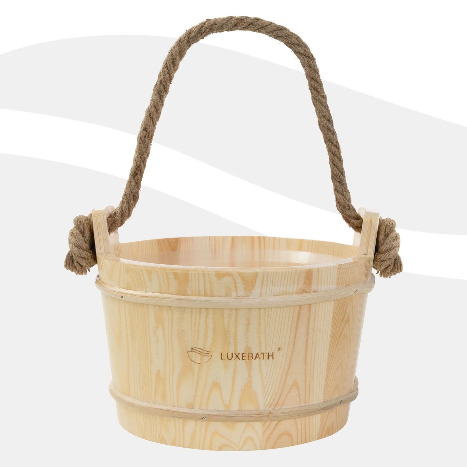 LuxeBath Sauna-Aufgusskübel aus hellem Kiefernholz mit braunem Seilgriff, 4 Liter Fassungsvermögen, für Sauna-Zubehör.