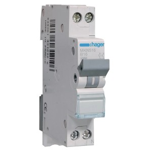 Hager Leitungsschutzschalter B16A, 1P+N, 1TE, Detailansicht.