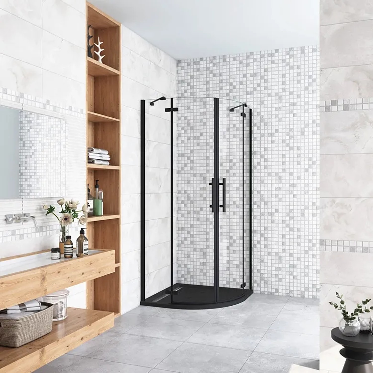 Runddusche 90x90 cm mit schwarzem Rahmen und Klarglas in Badezimmer.