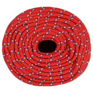 Gerolltes, rotes Bootsseil aus Polypropylen, 6 mm dick und 50 m lang.
