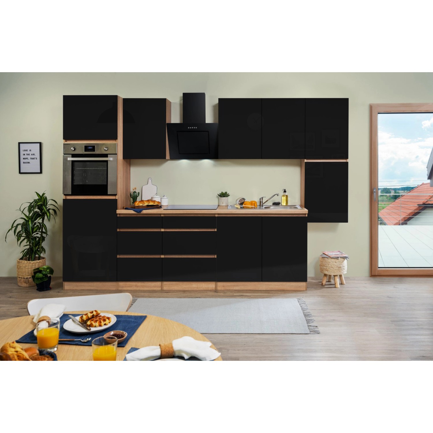 Respekta Küchenzeile/Küchenblock ohne E-Geräte 320 cm Grifflos Schwarz Hochgl.-Eiche Sägerau