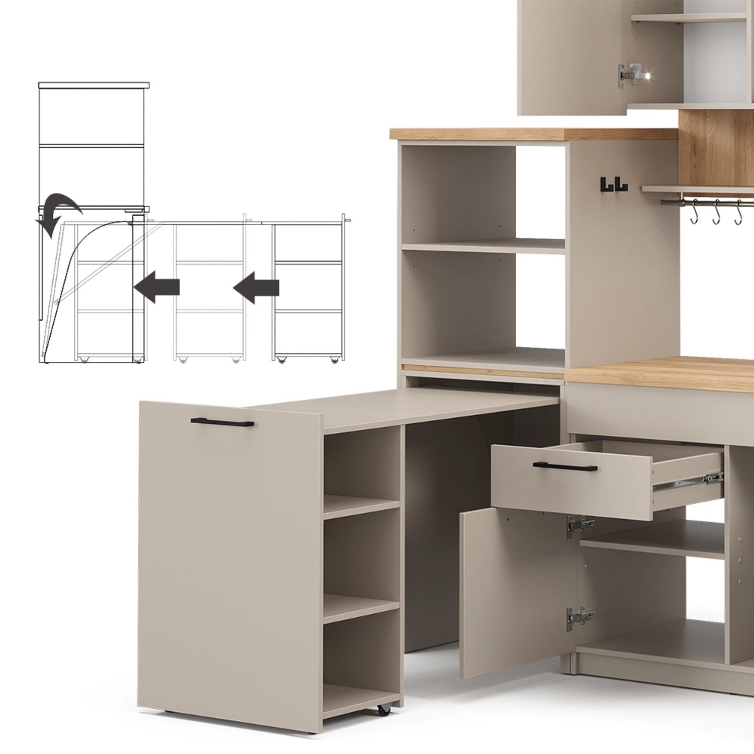 Vicco Singleküche Egbert in Greige mit Ausziehtisch, 160 cm breit. Kompakte Küchenzeile mit Stauraum.