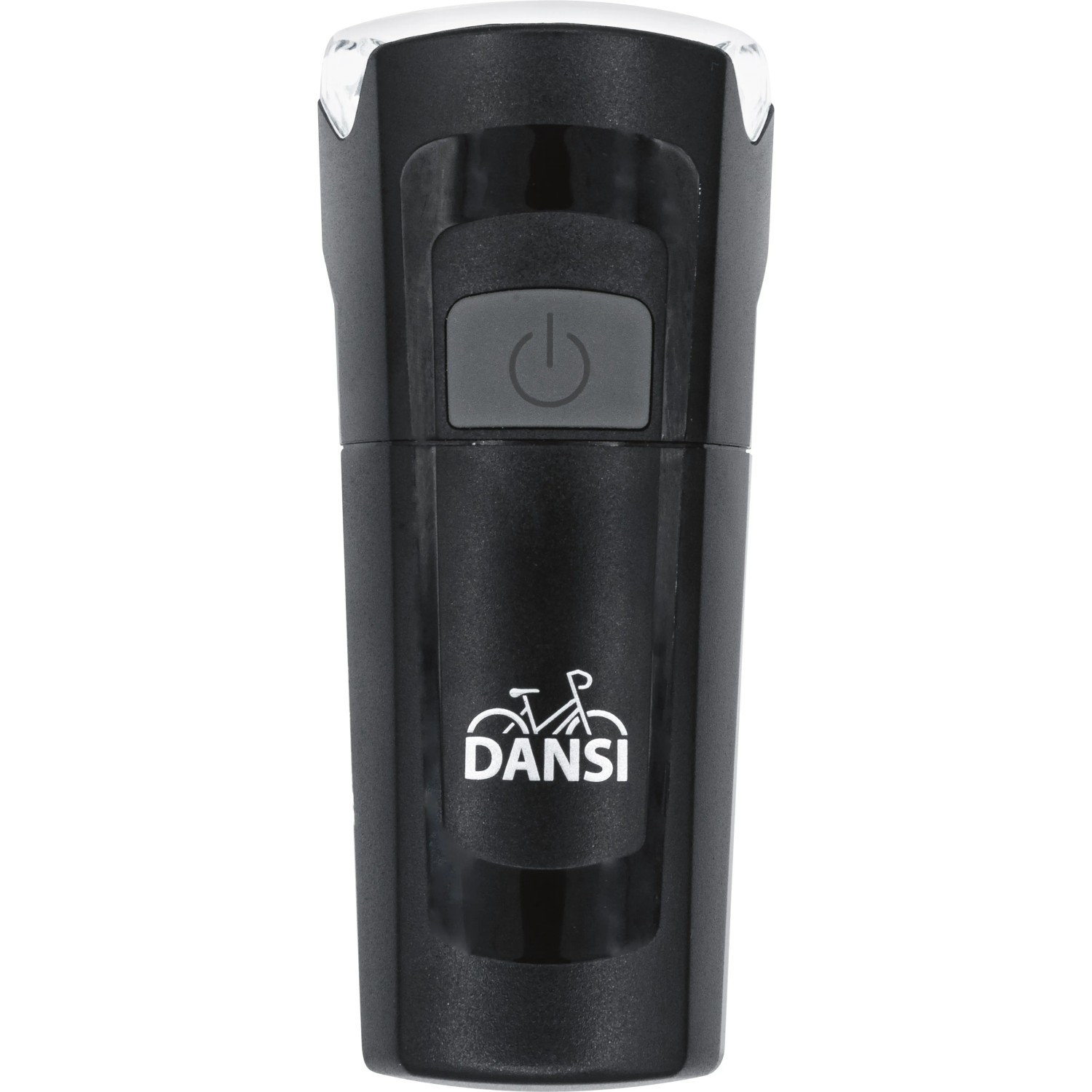 Schwarze LED-Fahrradlampe aus dem 2-teiligen Fahrradleuchten-Set mit An-/Ausschalter und Dansi Logo.