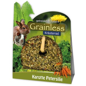 JR Farm Grainless Kräuter-Rad Nager-Snack mit Karotte und Petersilie, 140g Packung.